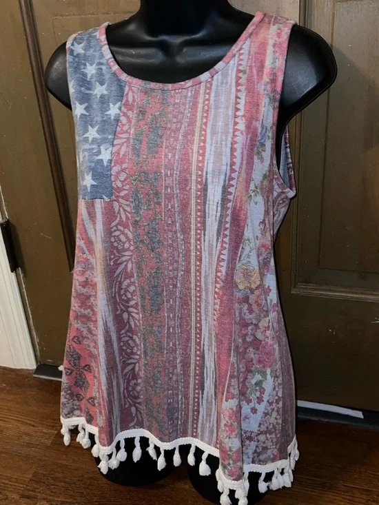 12 Pm By Mon Pink Red Blue Americana Stripe Tassel Sleeveless Tank Top Size S - Picture 5 of 8